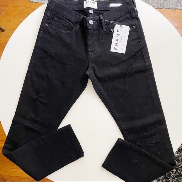 FRAME Denim Le Garcon Rip Noir Black Jean Size 24 New - Picture 1 of 8